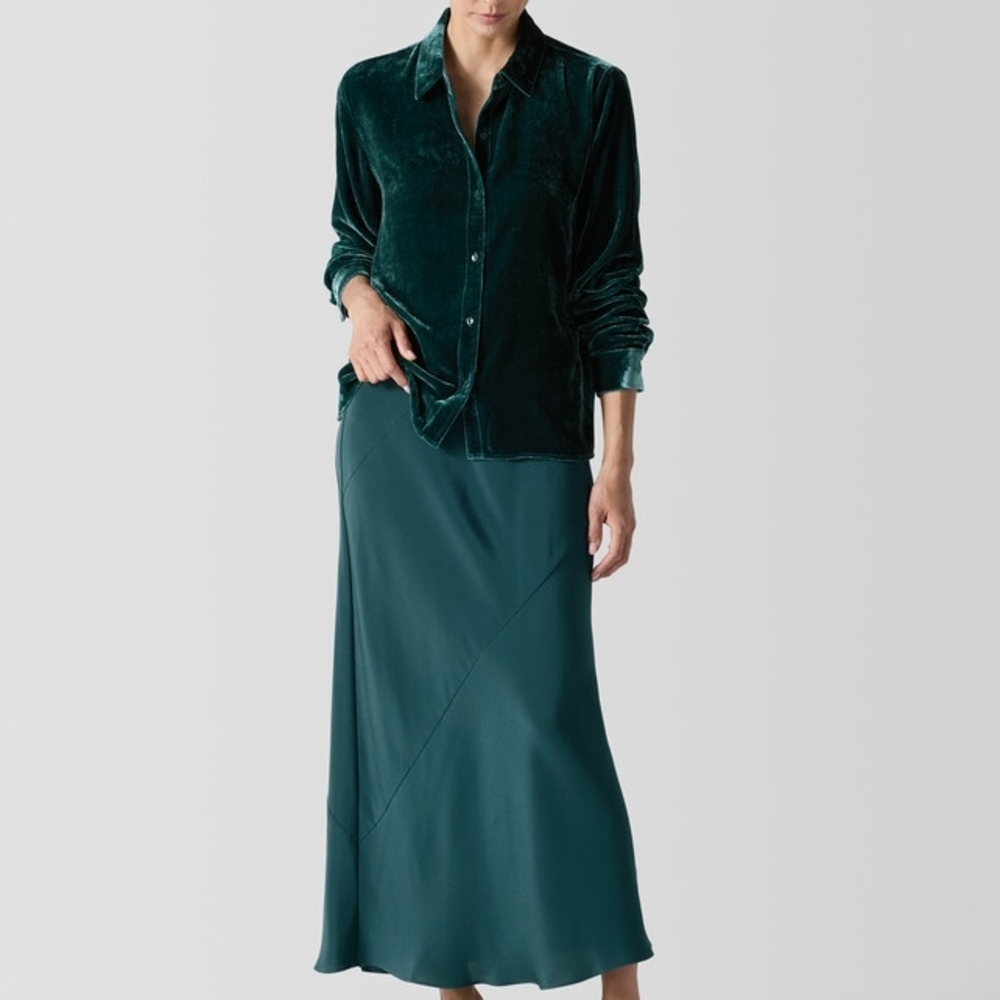 Eileen Fisher Double Crepe Silk Bias Maxi Skirt Pine NWT